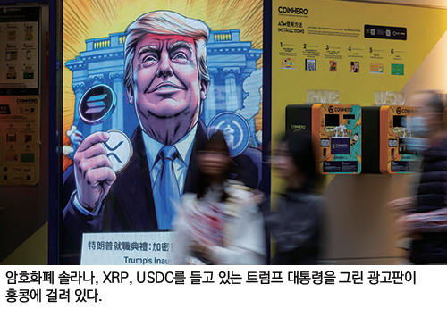 암호화폐 솔라나, XRP, USDC를 들고 있는 트럼프 대통령을 그린 광고판이 홍콩에 걸려 있다.