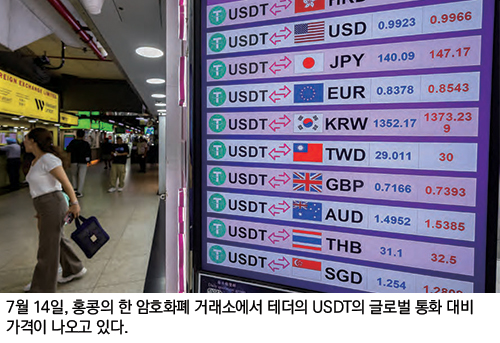 7월 14일, 홍콩의 한 암호화폐 거래소에서 테더의 USDT의 글로벌 통화 대비 가격이 나오고 있다.
