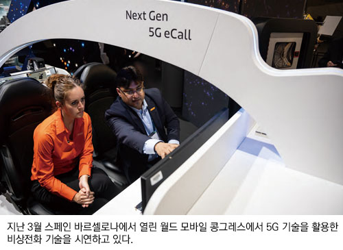 지난 3월 스페인 바르셀로나에서 열린 월드 모바일 콩그레스에서 5G 기술을 활용한 비상전화 기술을 시연하고 있다.