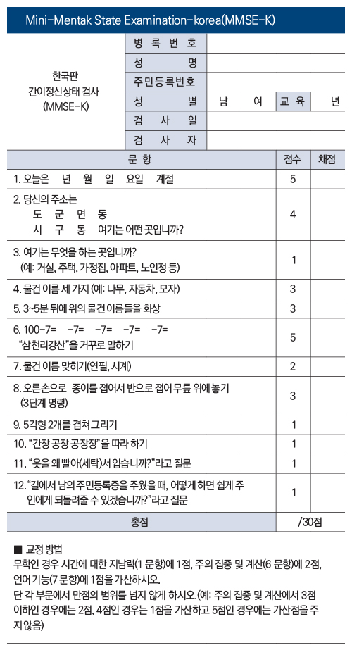 한국판 간이정신상태 검사 / Mini-Mentak State Examination-korea(MMSE-K)