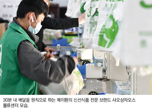 30분 내 배달을 원칙으로 하는 메이퇀의 신선식품 전문 브랜드 샤오상차오스 물류센터 모습.