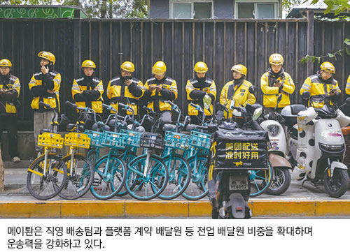 메이퇀은 직영 배송팀과 플랫폼 계약 배달원 등 전업 배달원 비중을 확대하며 운송력을 강화하고 있다