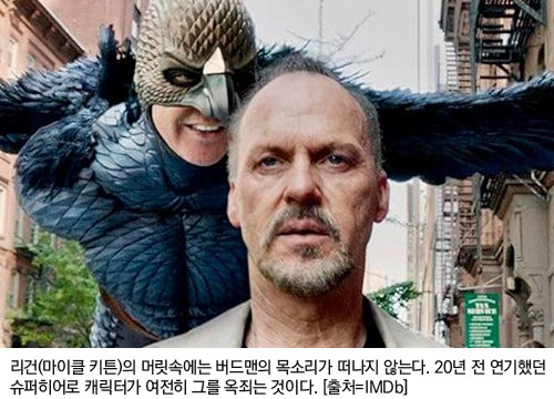 리건(마이클 키튼)의 머릿속에는 버드맨의 목소리가 떠나지 않는다. 20년 전 연기했던 슈퍼히어로 캐릭터가 여전히 그를 옥죄는 것이다. [출처=IMDb]