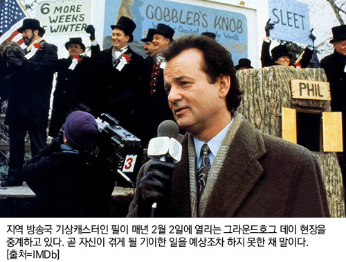 지역 방송국 기상캐스터인 필이 매년 2월 2일에 열리는 그라운드호그 데이 현장을 중계하고 있다. 곧 자신이 겪게 될 기이한 일을 예상조차 하지 못한 채 말이다. [출처=IMDb]